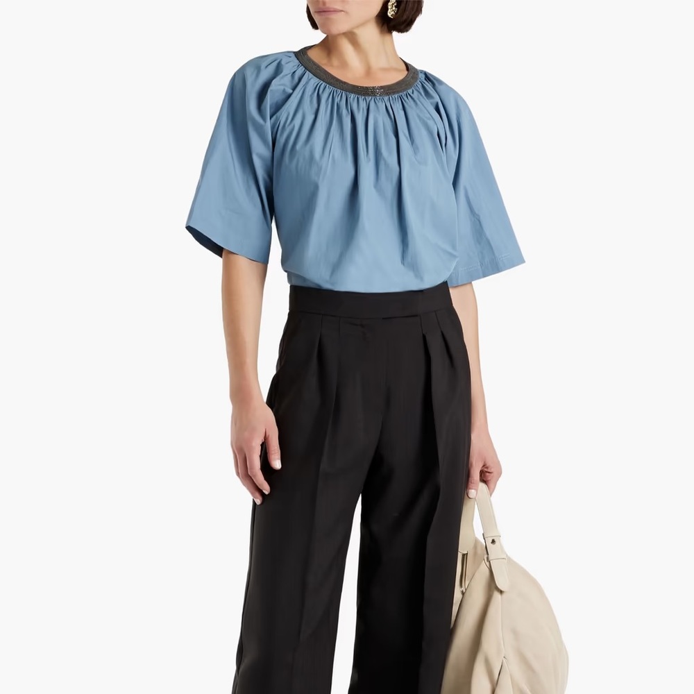 BRUNELLO CUCINELLI Gathered bead-embellished cotton-poplin top Blouse Sz L $1900